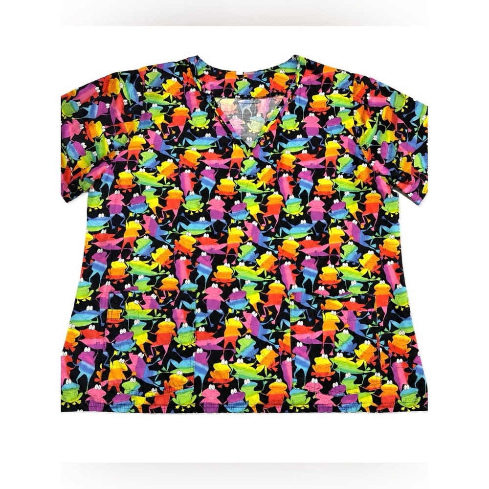 Cottonality Rainbow Frog Scrub Top Womens XL V Neck Nurse Vet Colorful Cute - Picture 2 of 5